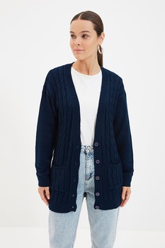 Trendyol, Cardigan cu decolteu in V, nasturi si model cu torsade, Bleumarin inchis, S Trendyol, Cardigan cu decolteu in V, nasturi si model cu torsade, Bleumarin inchis, S