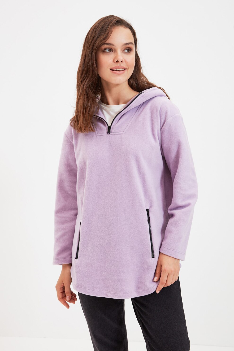 Trendyol, Hanorac de fleece cu buzunare cu fermoar, Lila