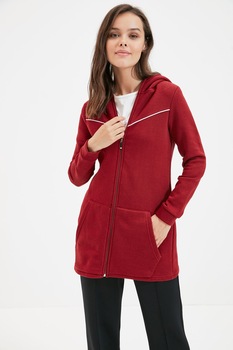 Trendyol, Hanorac lung cu fermoar si detalii contrastante, Rosu inchis Trendyol, Hanorac lung cu fermoar si detalii contrastante, Rosu inchis