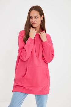 Trendyol, Hanorac lung cu buzunar kangaroo, Roz aprins Trendyol, Hanorac lung cu buzunar kangaroo, Roz aprins