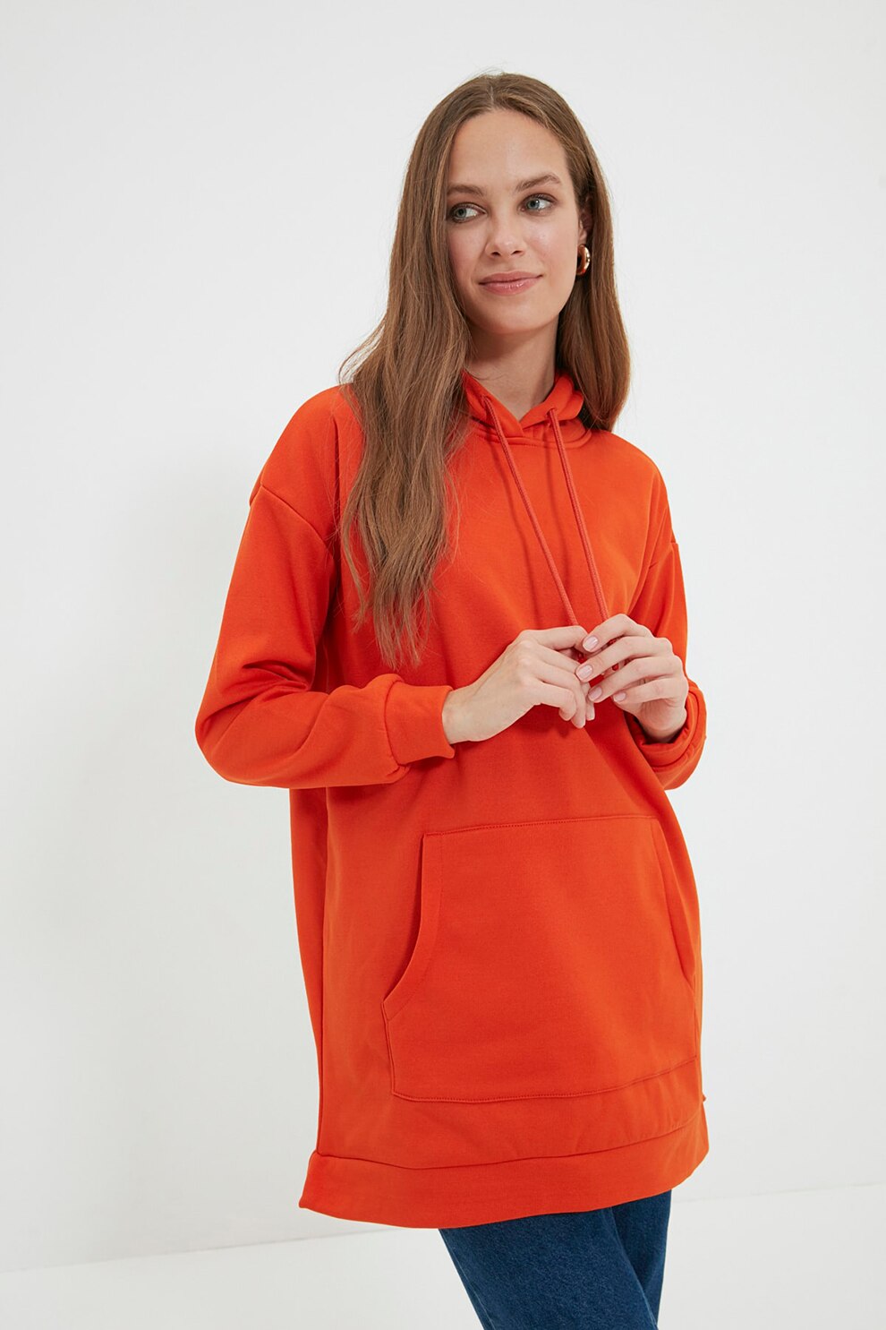 Trendyol, Hanorac lung cu buzunar kangaroo, Oranj mandarina