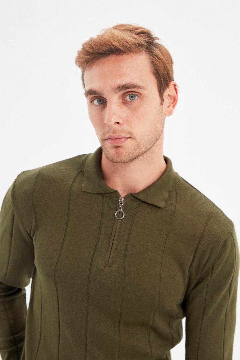 Trendyol, Pulover tricotat fin cu fenta si fermoar, Verde oliv