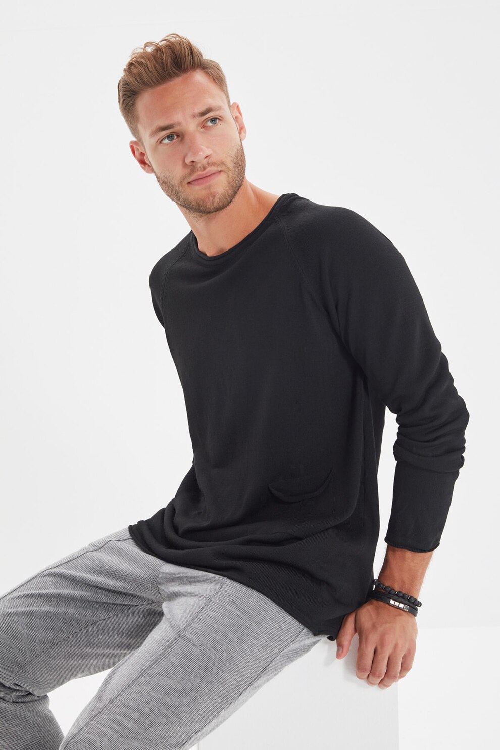 Trendyol, Pulover tricotat fin cu buzunare aplicate, Negru