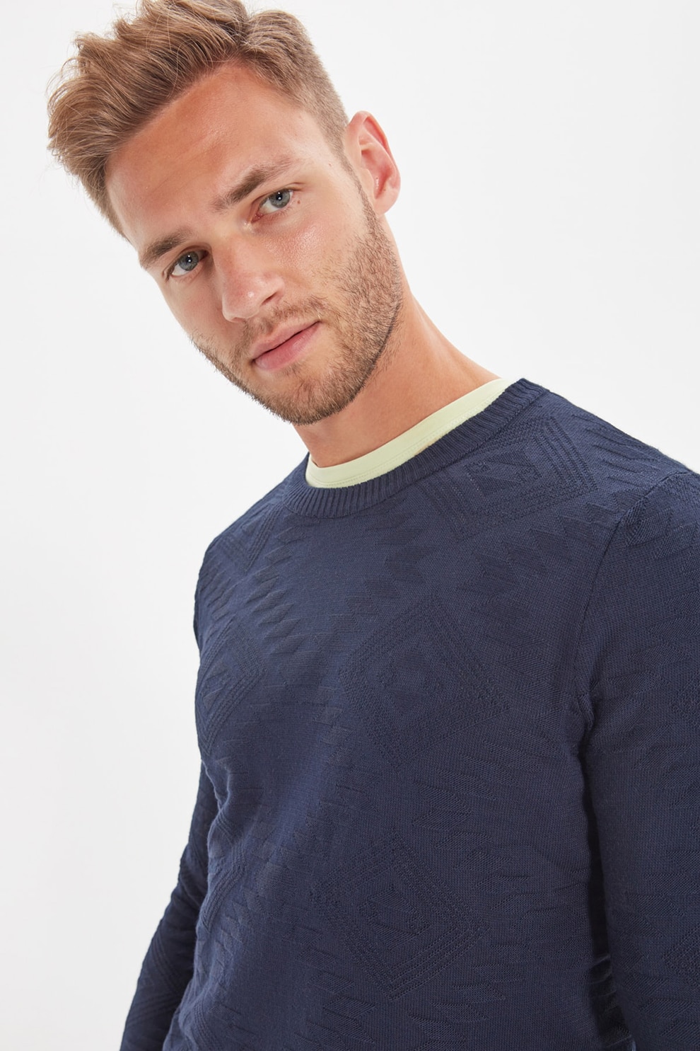 Trendyol, Pulover slim fit tricotat fin cu motive etnice, Bleumarin