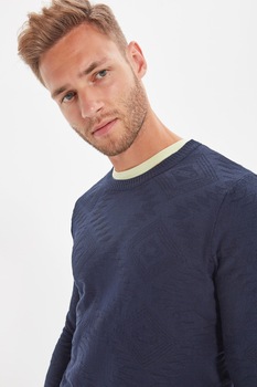 Trendyol, Pulover slim fit tricotat fin cu motive etnice, Bleumarin Trendyol, Pulover slim fit tricotat fin cu motive etnice, Bleumarin