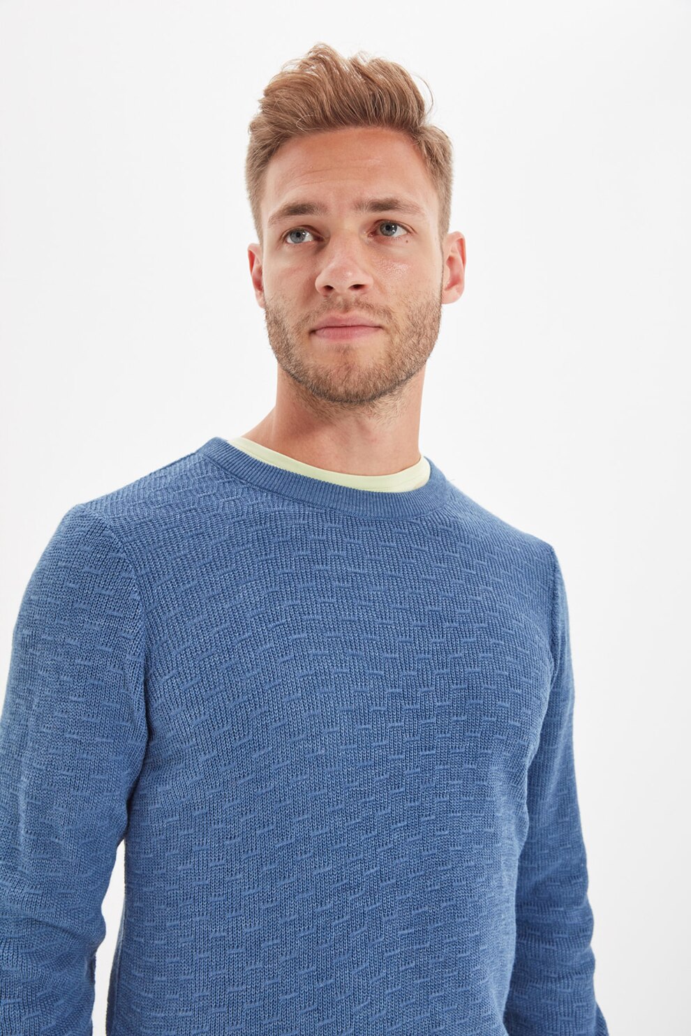 Trendyol, Pulover slim fit tricotat fin cu textura tip fagure, Albastru