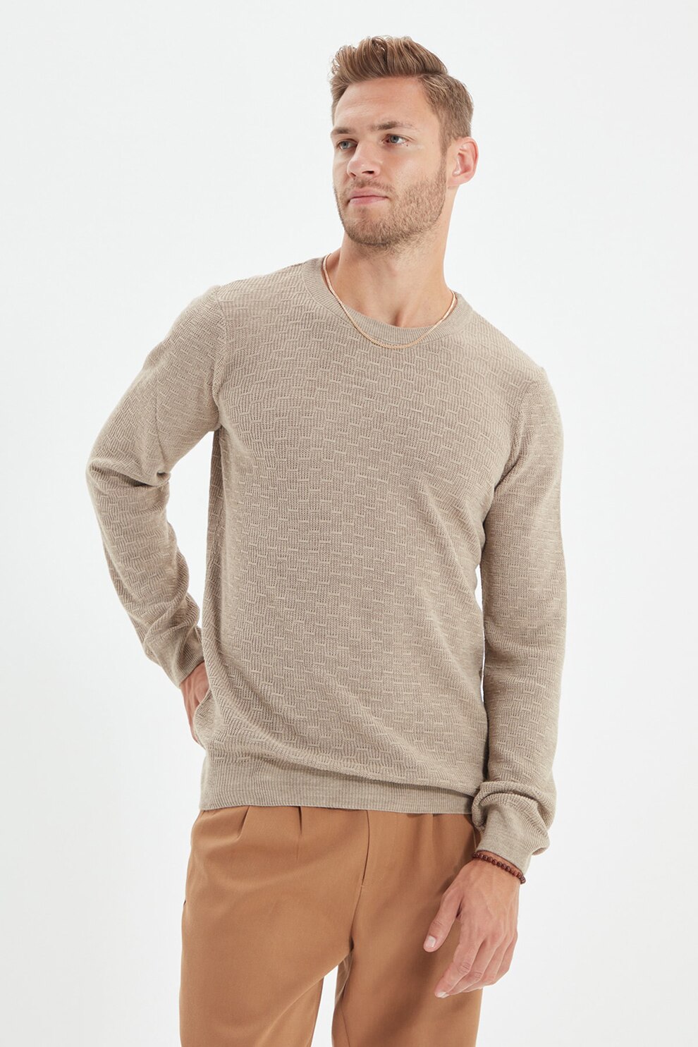 Trendyol, Pulover slim fit tricotat fin cu textura tip fagure, Maro nisip