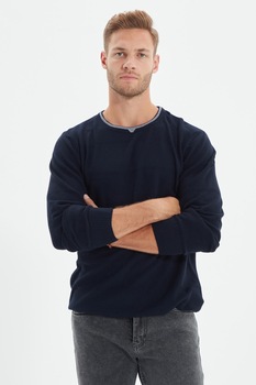 Trendyol, Pulover slim fit cu decolteu la baza gatului, Bleumarin inchis Trendyol, Pulover slim fit cu decolteu la baza gatului, Bleumarin inchis