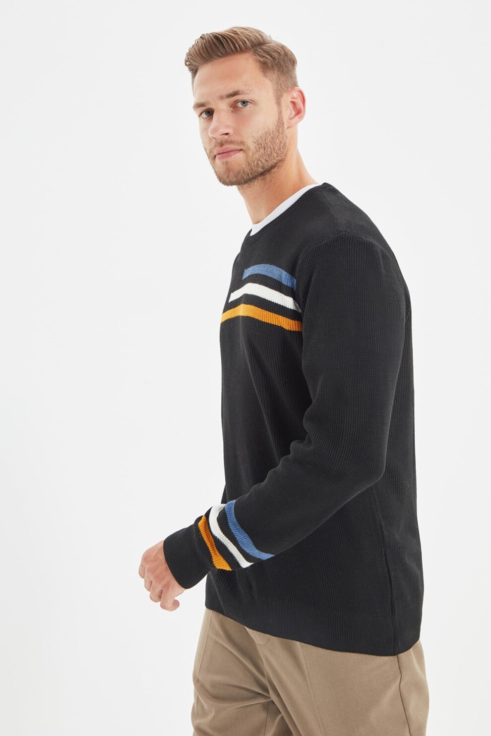 Trendyol, Pulover regular fit cu decolteu la baza gatului si aspect texturat, Negru stins/Albastru lavanda/Oranj