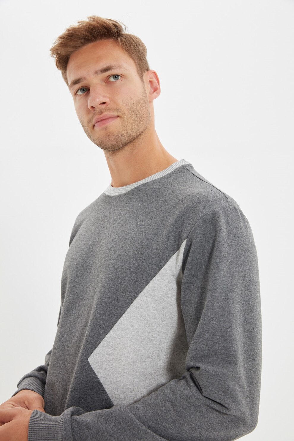 Trendyol, Bluza sport cu insertii contrastante, Gri melange/Alb melange