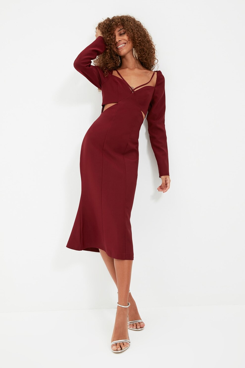 Trendyol, Rochie midi cambrata cu decupaje, Visiniu, XS