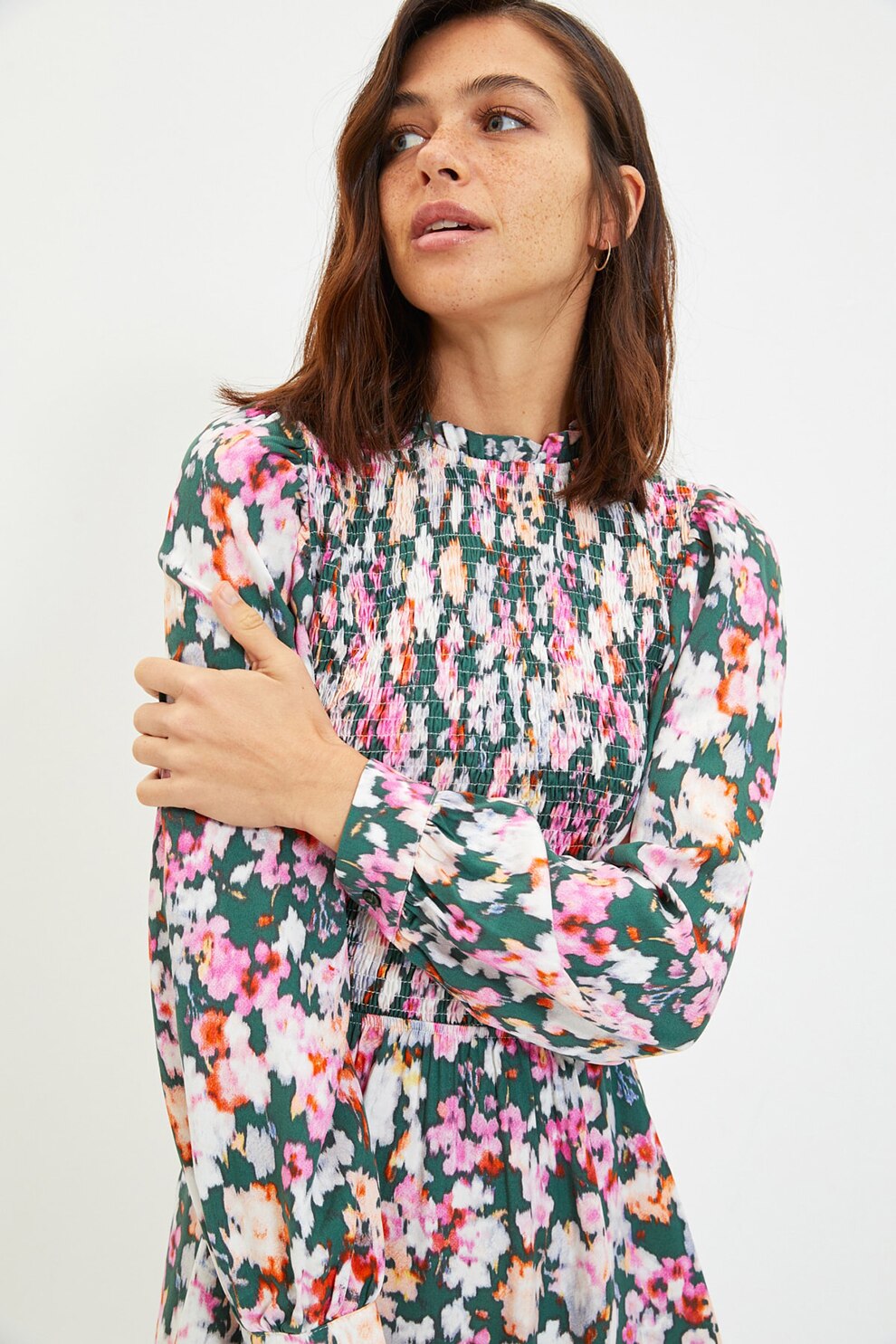 Trendyol, Rochie cu imprimeu floral si insertii elastice, Verde/Alb/Oranj