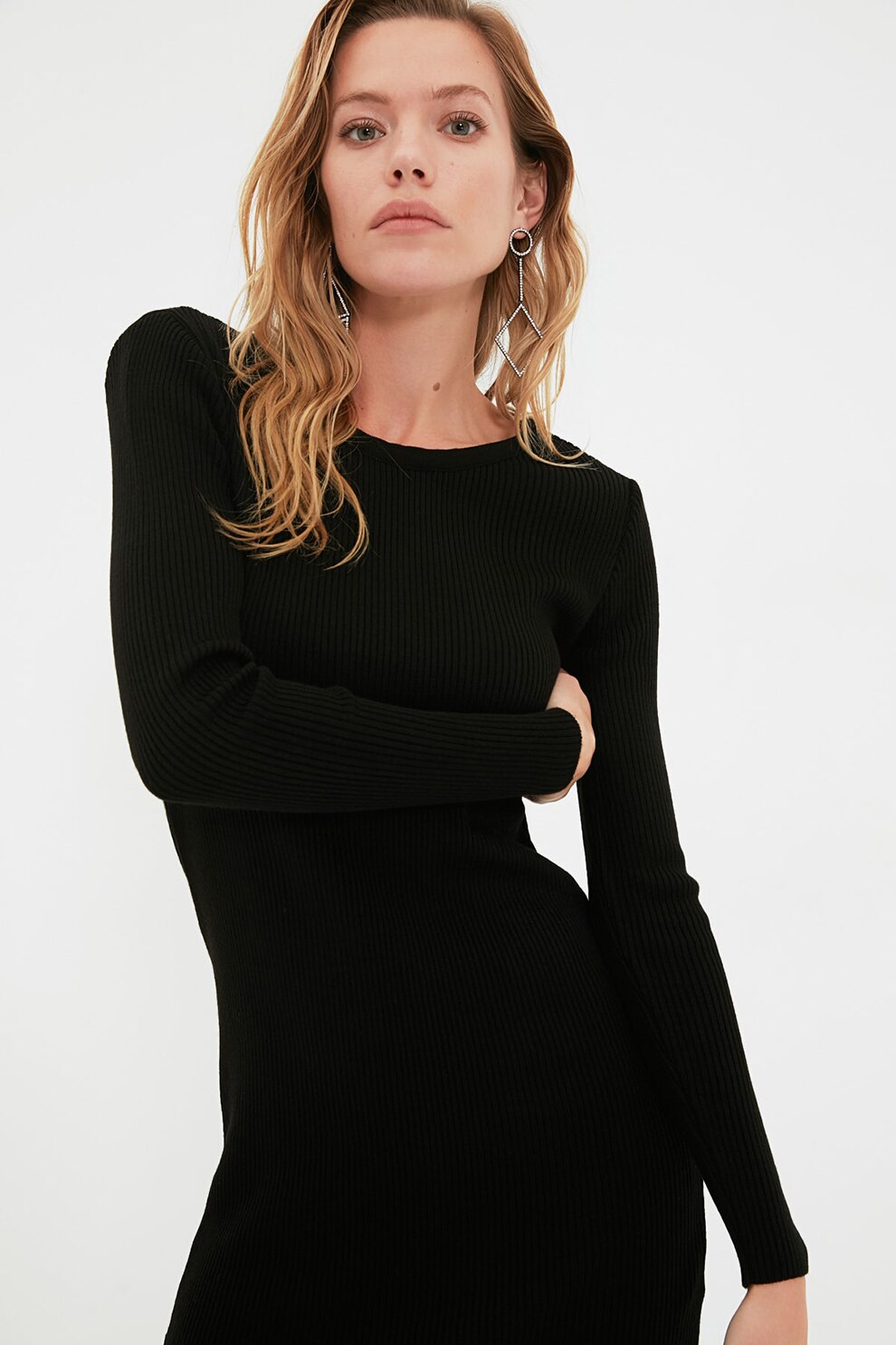 Trendyol, Rochie midi striata cu slit in spate, Negru