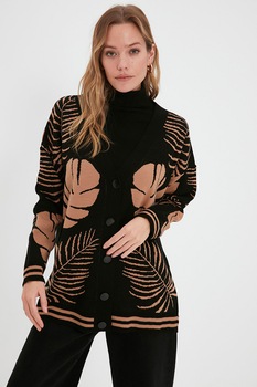 Trendyol, Cardigan supradimensionat cu model, Negru/Maro, S-M Trendyol, Cardigan supradimensionat cu model, Negru/Maro, S-M