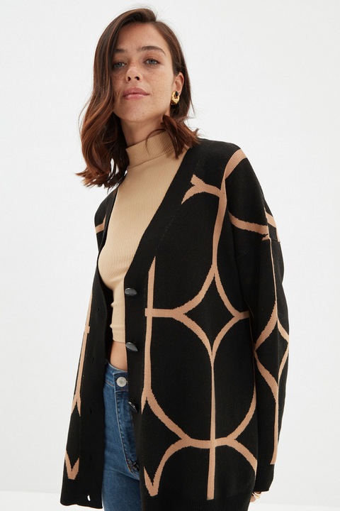 Trendyol, Cardigan supradimensionat cu maneci cazute, Negru/Maro camel, S-M