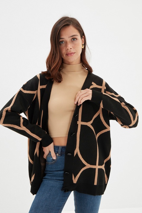 Trendyol, Cardigan supradimensionat cu maneci cazute, Negru/Maro camel, S-M