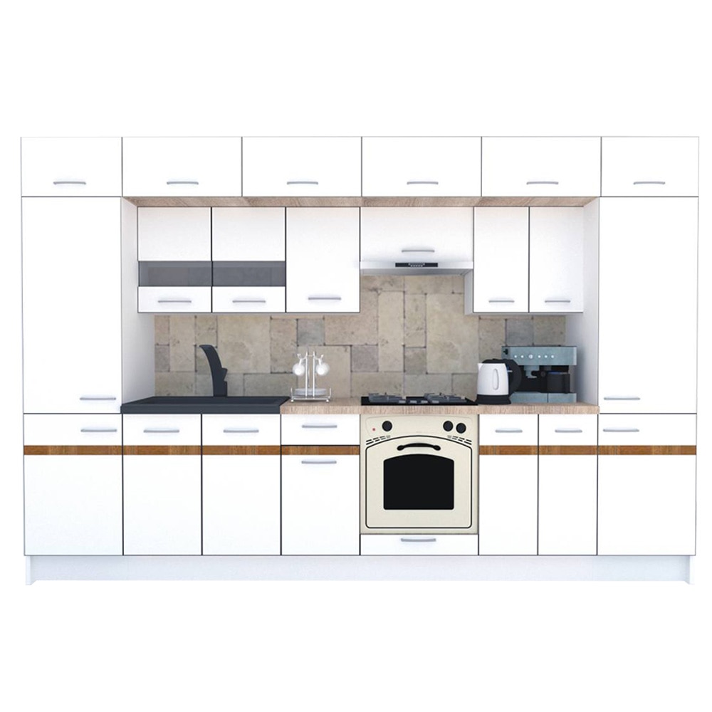Set Bucatarie Genarom BIGMAR 340 5A, 340 x 225,5 x 60 cm, Alb / Decor Alb