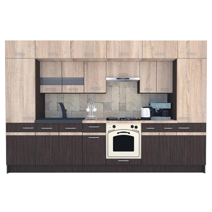 Set Bucatarie Genarom BIGMAR 340 5A, 340 x 225,5 x 60 cm, Wenge / Stejar Sonoma