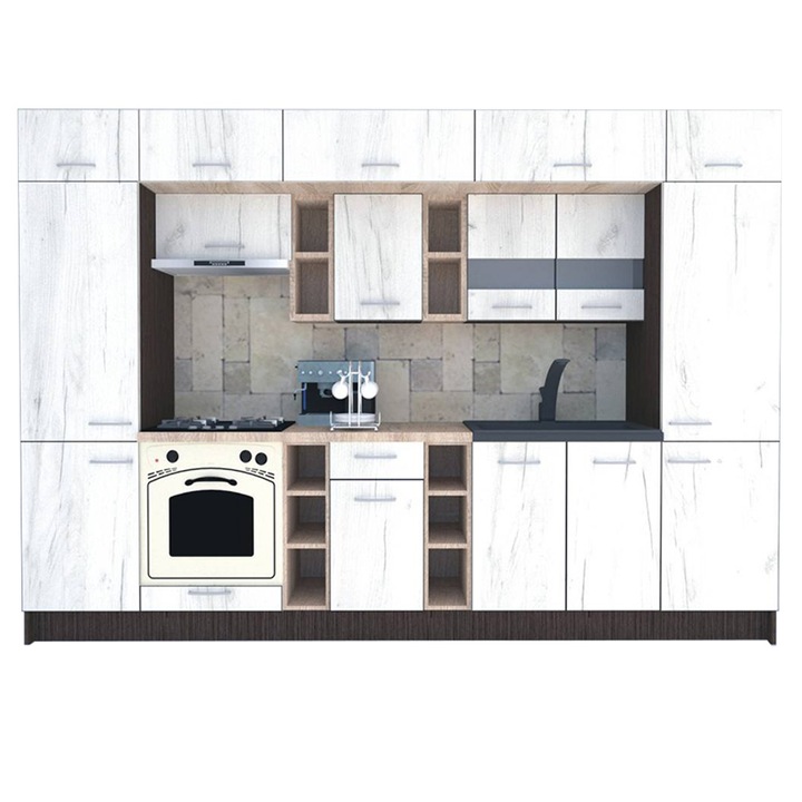 Set Bucatarie Genarom BIGMAR 320, 320 x 225,5 x 60 cm, Alb / Decor K001