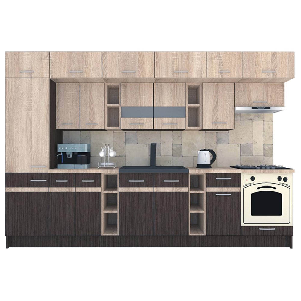 Set Bucatarie Genarom BIGMAR 330 B, 330 x 225,5 x 60 cm, Wenge / Stejar Sonoma
