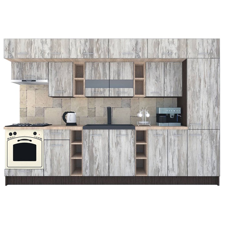 Set Bucatarie Genarom BIGMAR 330 A, 330 x 225,5 x 60 cm, Wenge / Decor K084