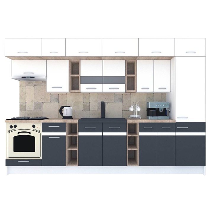 Set Bucatarie Genarom BIGMAR 330 A, 330 x 225,5 x 60 cm, Alb / Gri