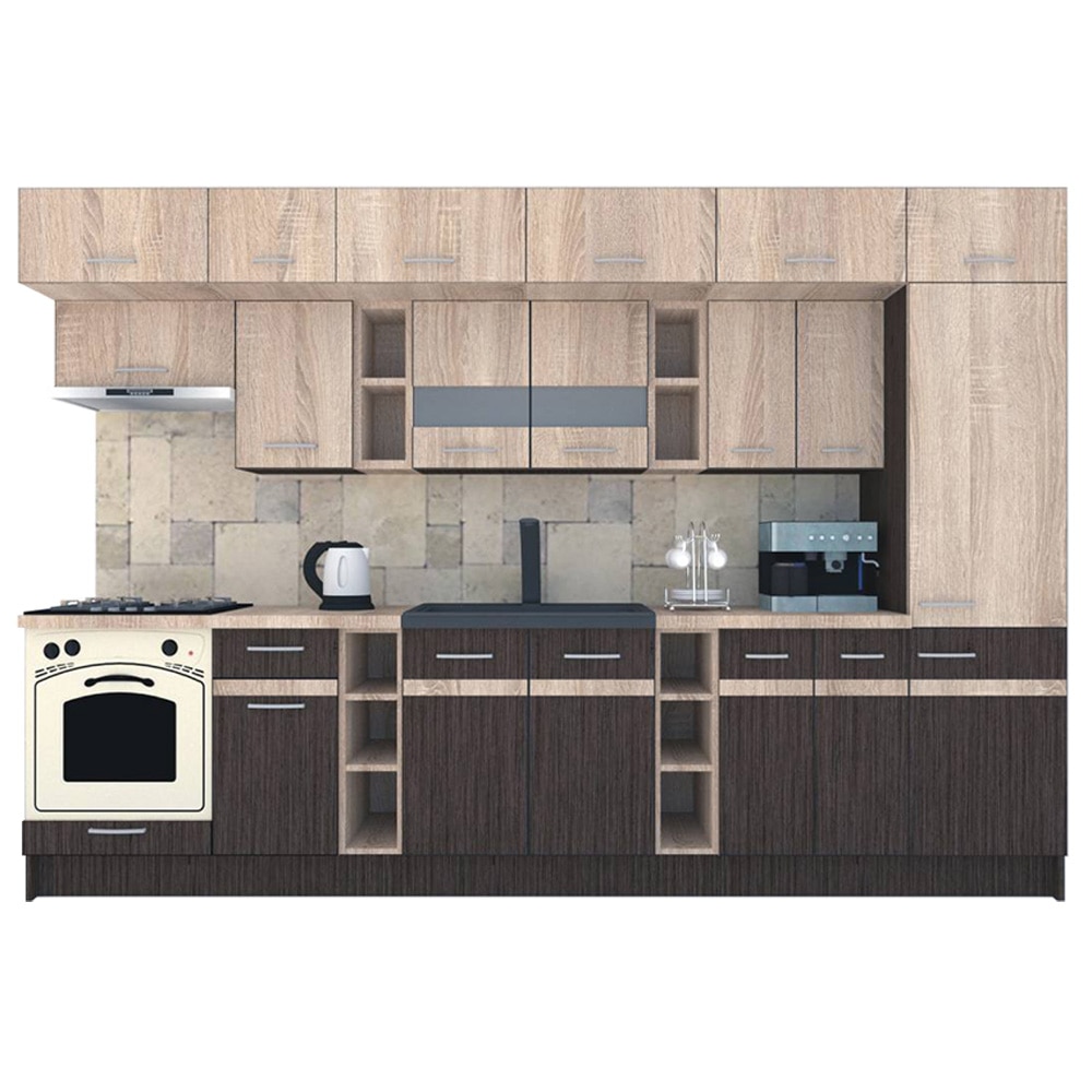 Set Bucatarie Genarom BIGMAR 330 A, 330 x 225,5 x 60 cm, Wenge / Stejar Sonoma