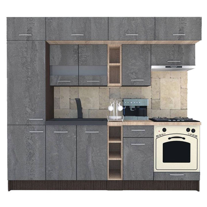 Set Bucatarie Genarom BIGMAR 250 B, 250 x 225,5 x 60 cm, Wenge / Decor K352