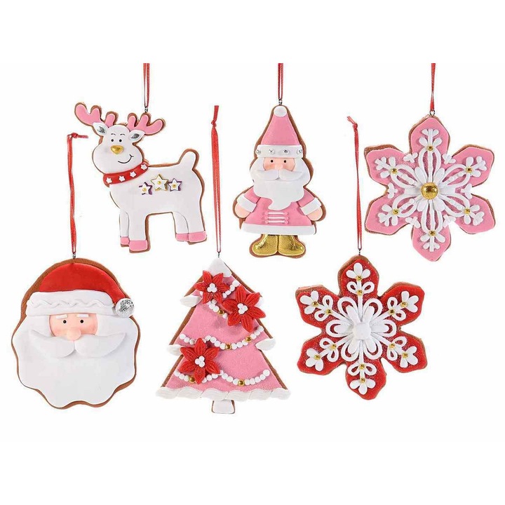 Комплект от 6 украшения за елха от полирезин розово червено бяло 9х10 см