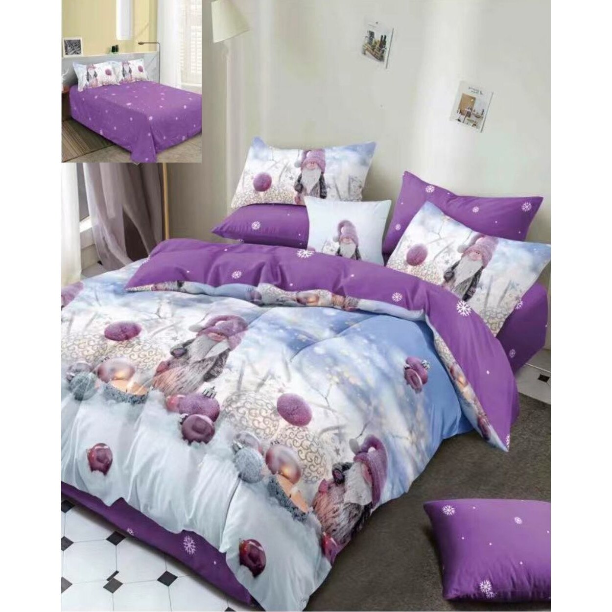 Lenjerie Craciun, Bumbac Satinat 2 Fete, 6 Piese, Pat 2 Persoane, Candles and Globes, BMC-07