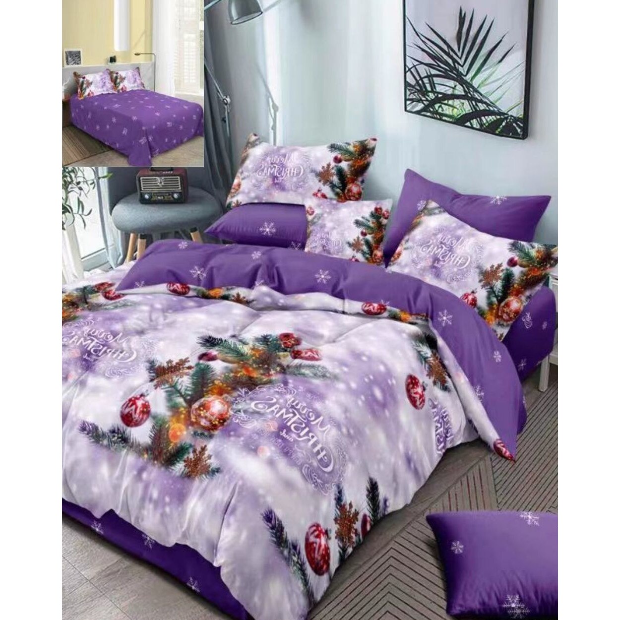 Lenjerie Craciun, Bumbac Satinat 2 Fete, 6 Piese, Pat 2 Persoane, Christmas Tree, BMC-11