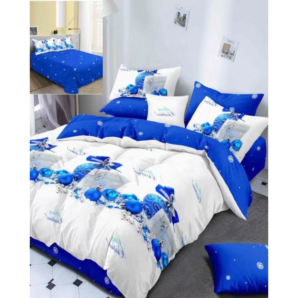 Lenjerie Craciun, Bumbac Satinat 2 Fete, 6 Piese, Pat 2 Persoane, Blue Globes, BMC-14