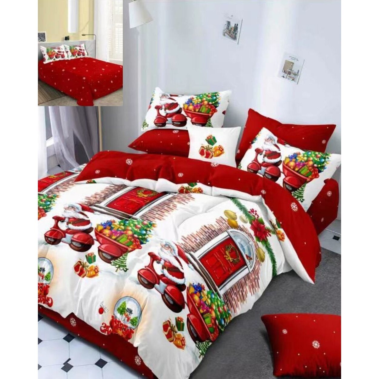 Lenjerie Craciun, Bumbac Satinat 2 Fete, 6 Piese, Pat 2 Persoane, Santa Delivering Presents, BMC-18