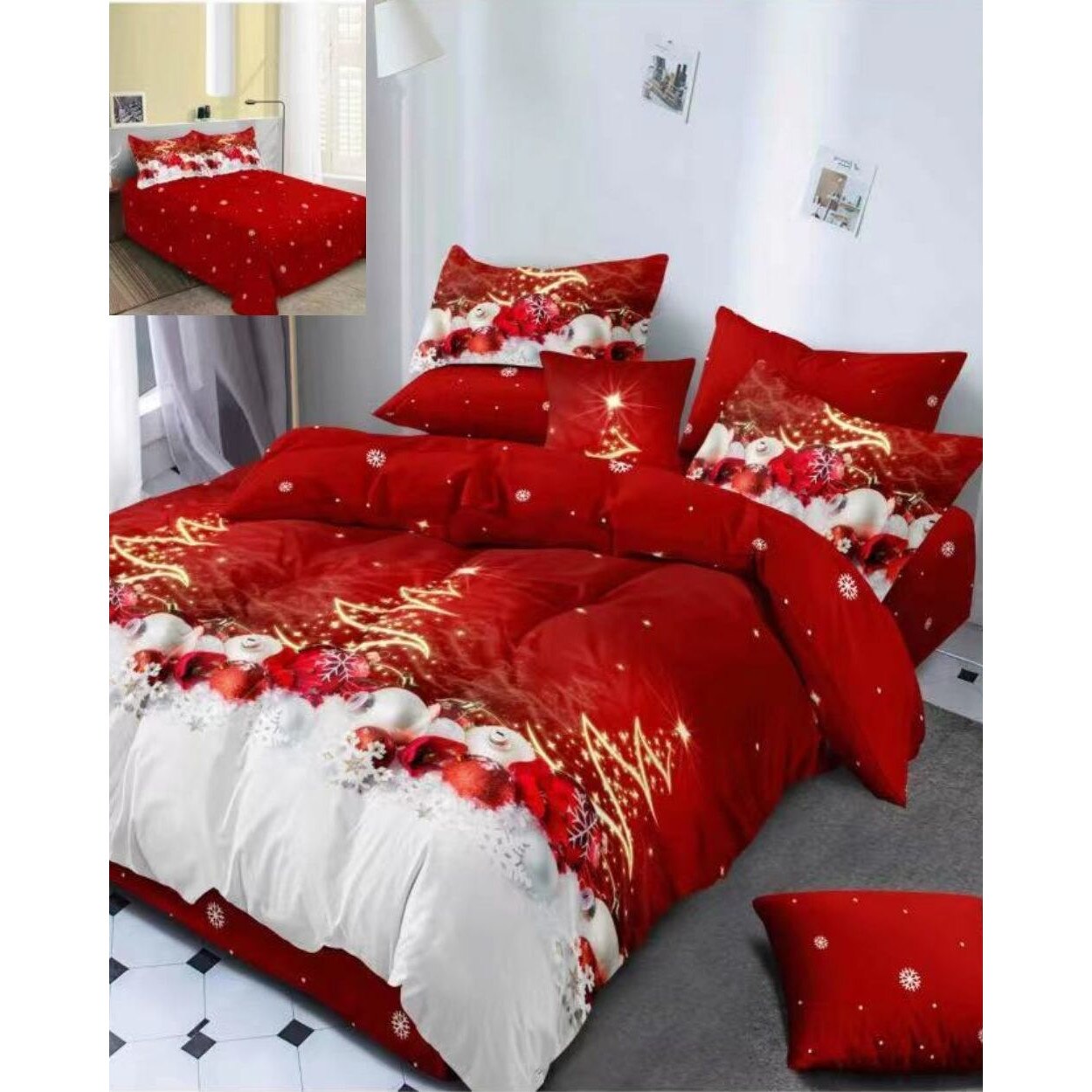 Lenjerie Craciun, Bumbac Satinat 2 Fete, 6 Piese, Pat 2 Persoane, Golden Tree and Gifts, BMC-15