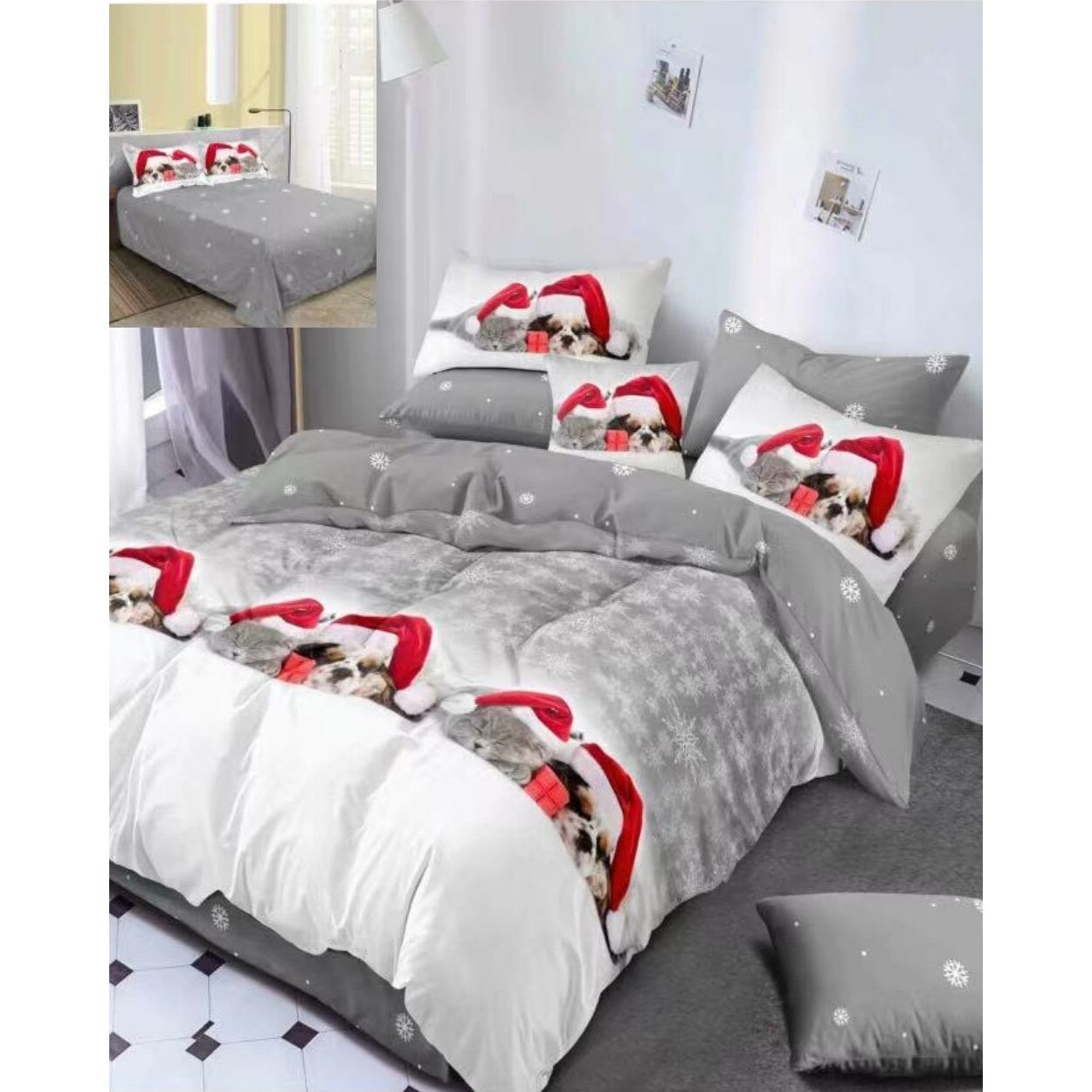 Lenjerie Craciun, Bumbac Satinat 2 Fete, 6 Piese, Pat 2 Persoane, Christmas Cat and Puppy, BMC-21