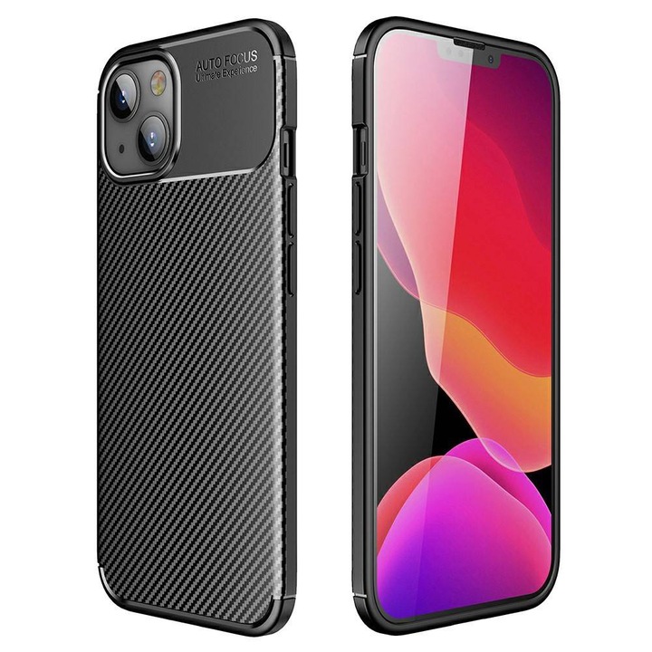 Husa Carbon Fiber Auto Focus compatibila cu iPhone 13 Mini, Armored Shockproof G-Tech, Finisaj Mat, Negru