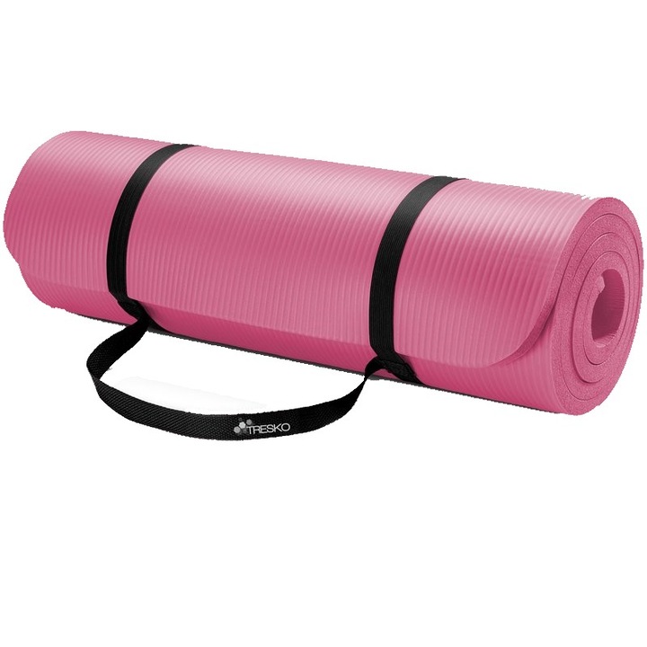 Saltea fitness, yoga, pilates, aerobic, gimnastica de sarcina si wellness TRESKO®, lavabila, curea de transport, anti-alunecare, rezistenta la uzura, 185 x 60 x 1.5 cm, roz