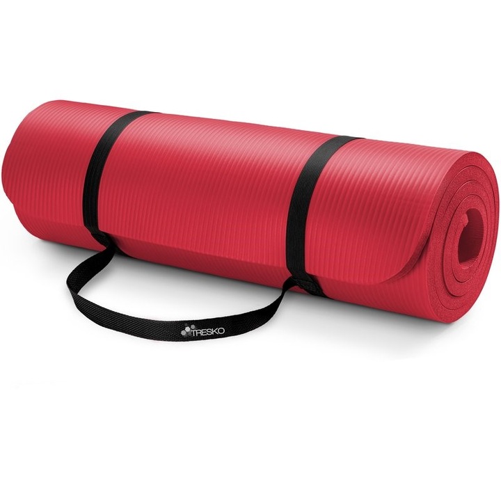 Saltea fitness, yoga, pilates, aerobic, gimnastica de sarcina si wellness TRESKO®, lavabila, curea de transport, anti-alunecare, rezistenta la uzura, 185 x 60 x 1.5 cm, rosu
