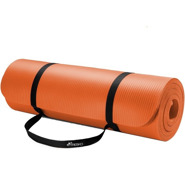 Saltea fitness, yoga, pilates, aerobic, gimnastica de sarcina si wellness TRESKO®, lavabila, curea de transport, anti-alunecare, rezistenta la uzura, 185 x 60 x 1.5 cm, portocaliu