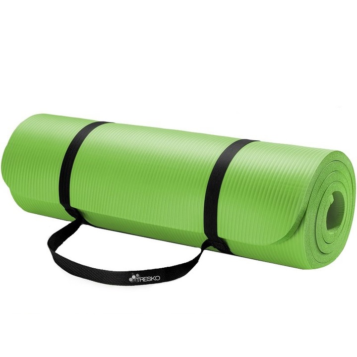 Saltea fitness, yoga, pilates, aerobic, gimnastica de sarcina si wellness TRESKO®, lavabila, curea de transport, anti-alunecare, rezistenta la uzura, 185 x 60 x 1.5 cm, verde deschis