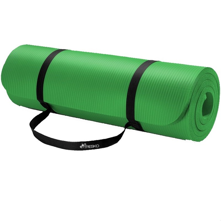Saltea fitness, yoga, pilates, aerobic, gimnastica de sarcina si wellness TRESKO®, lavabila, curea de transport, anti-alunecare, rezistenta la uzura, 185 x 60 x 1.5 cm, verde