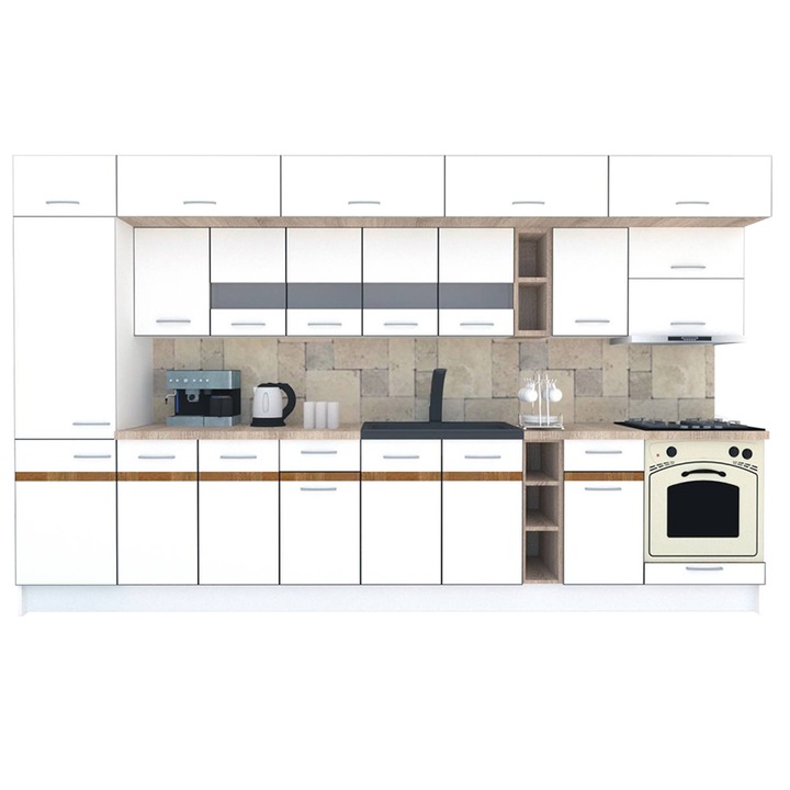 Set Bucatarie Genarom BIGMAR 370 B, 370 x 225,5 x 60 cm, Alb / Decor Alb