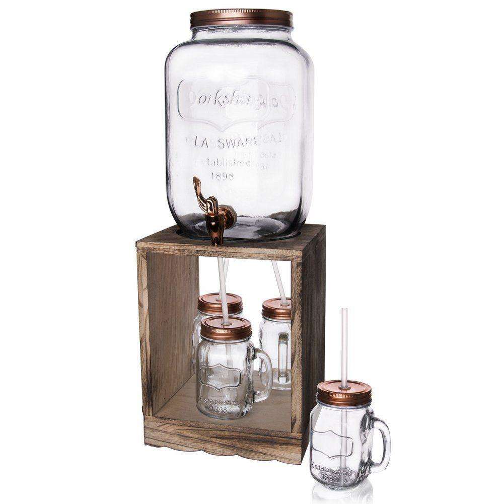Set dozator bauturi, Orion, Sticla, Suport lemn, 4 Cani cu paie, 8.8 L, Transparent