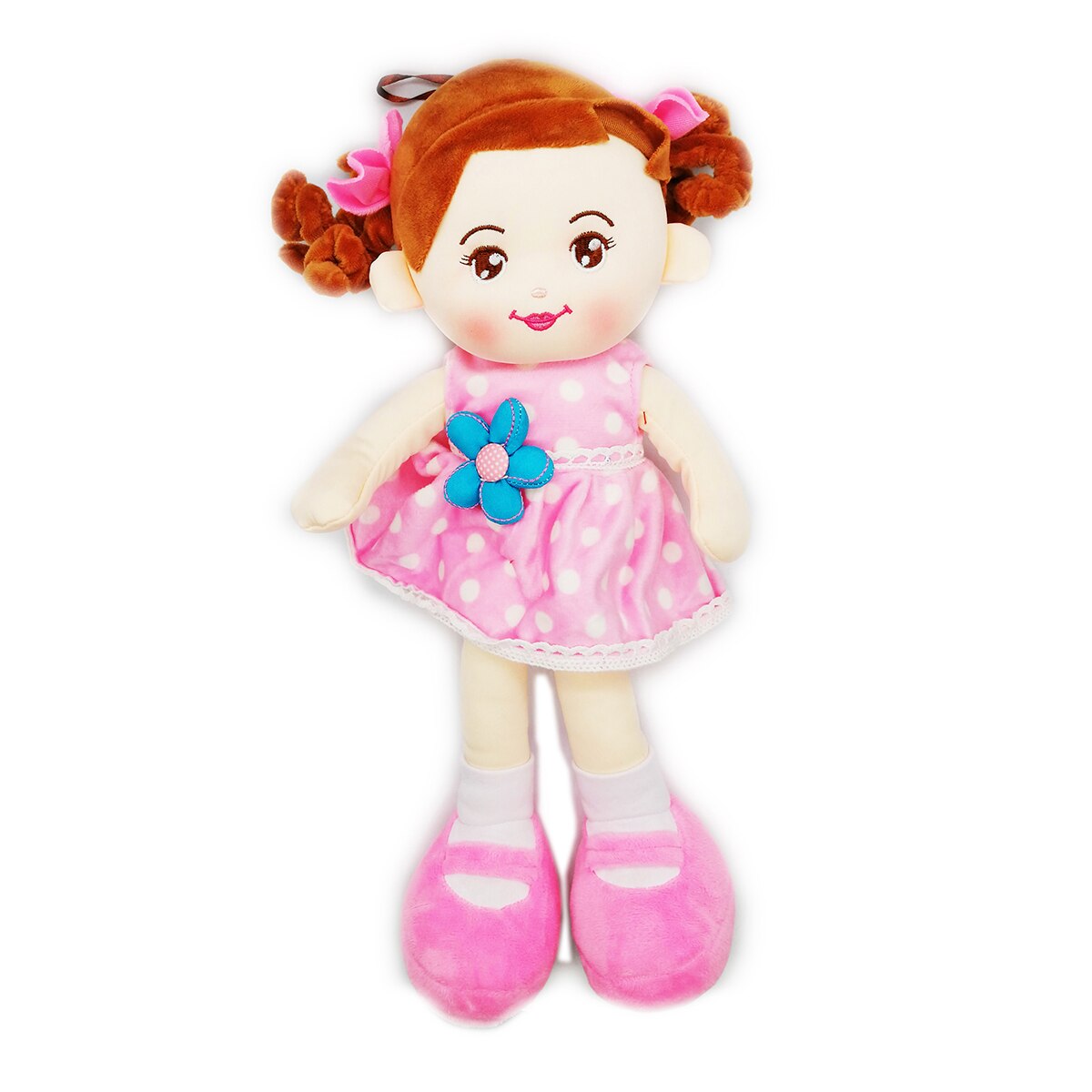 Papusa de Plus ADA Scolarita, 40cm, in rochita roz cu buline, care canta in limba romana