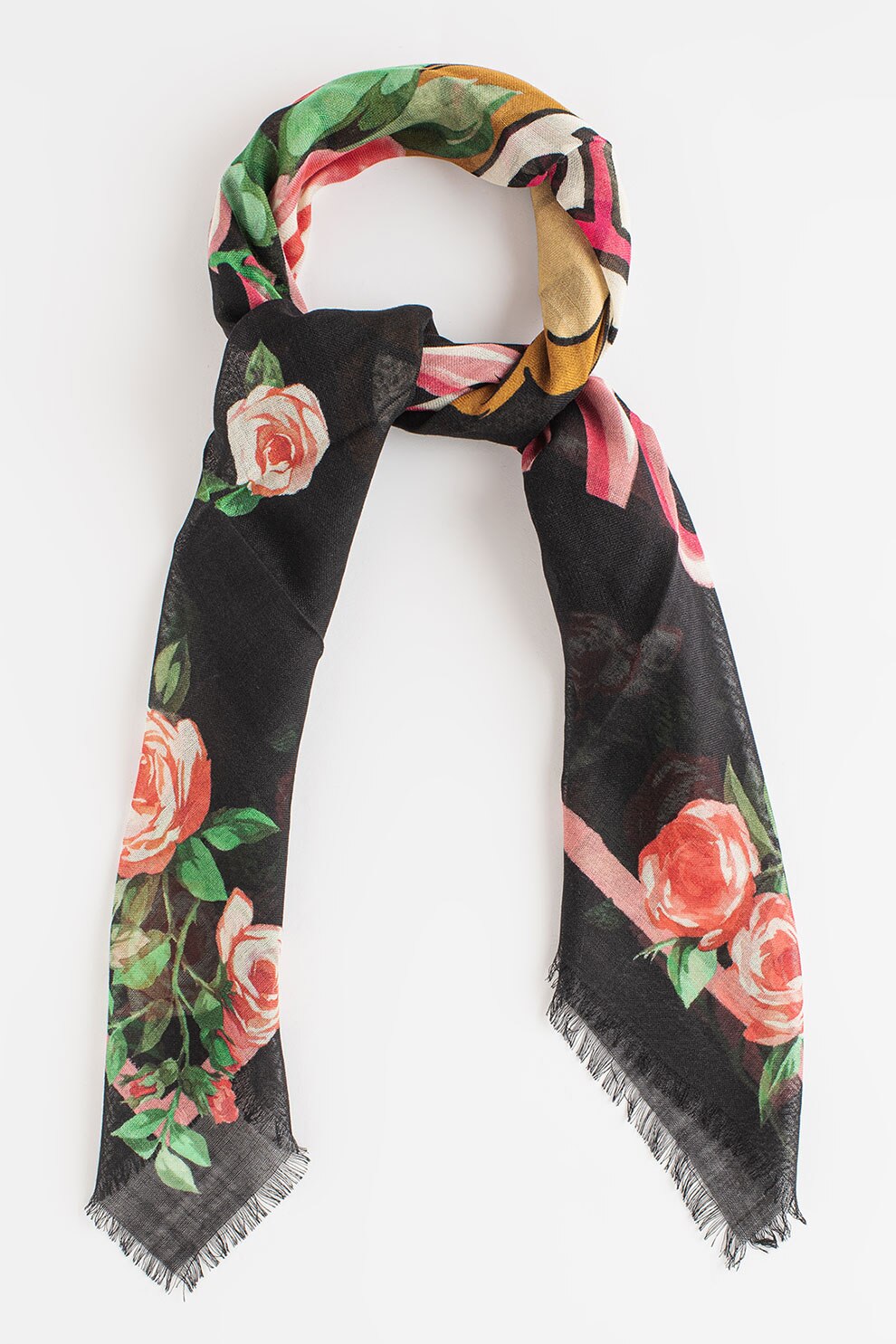Moschino, Esarfa din lana si matase cu imprimeu logo, Negru/Roz