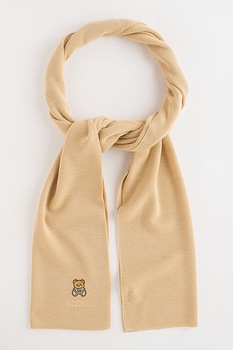 Moschino, Fular din lana cu logo cu ursulet, Maro camel Moschino, Fular din lana cu logo cu ursulet, Maro camel