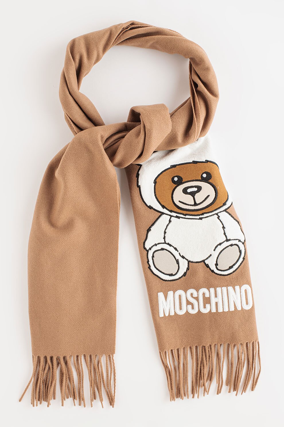 Moschino, Esarfa din lana cu broderie logo cu ursulet, Maro