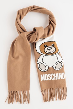 Moschino, Esarfa din lana cu broderie logo cu ursulet, Maro Moschino, Esarfa din lana cu broderie logo cu ursulet, Maro