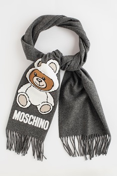 Moschino, Esarfa din lana cu broderie logo cu ursulet, Gri Moschino, Esarfa din lana cu broderie logo cu ursulet, Gri