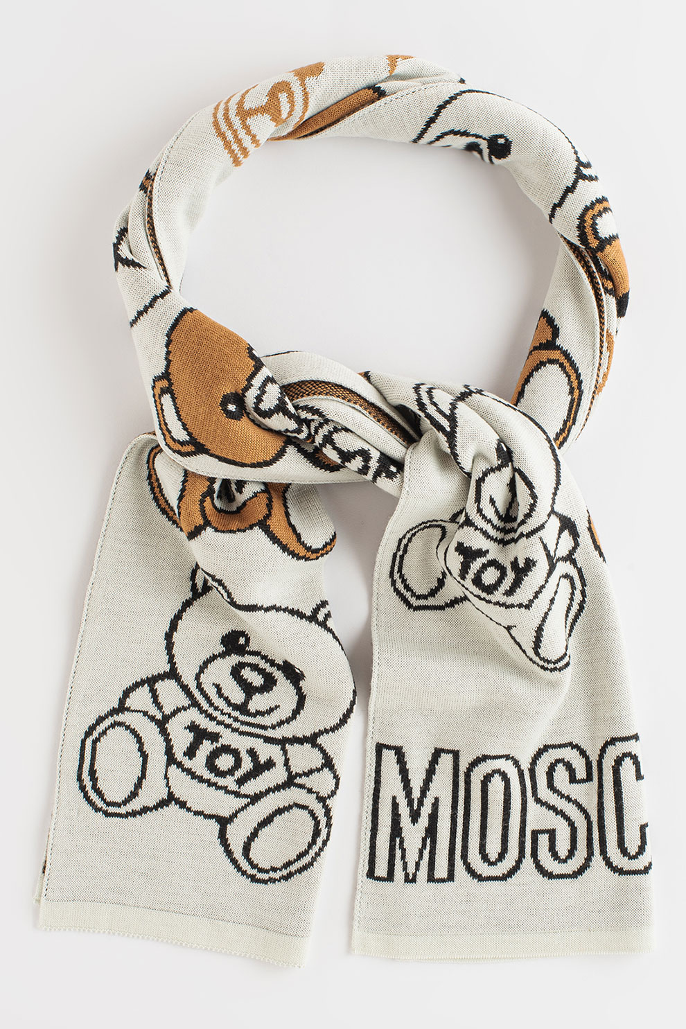 Moschino, Fular din amestec de lana cu model logo, Alb/Maro